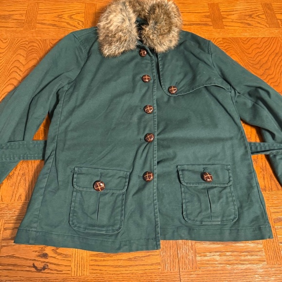 Vintage GAP Faux Fur Collar Belted Utility Style Coat in Green Sz L Y2K Outdoor - Picture 6 of 16